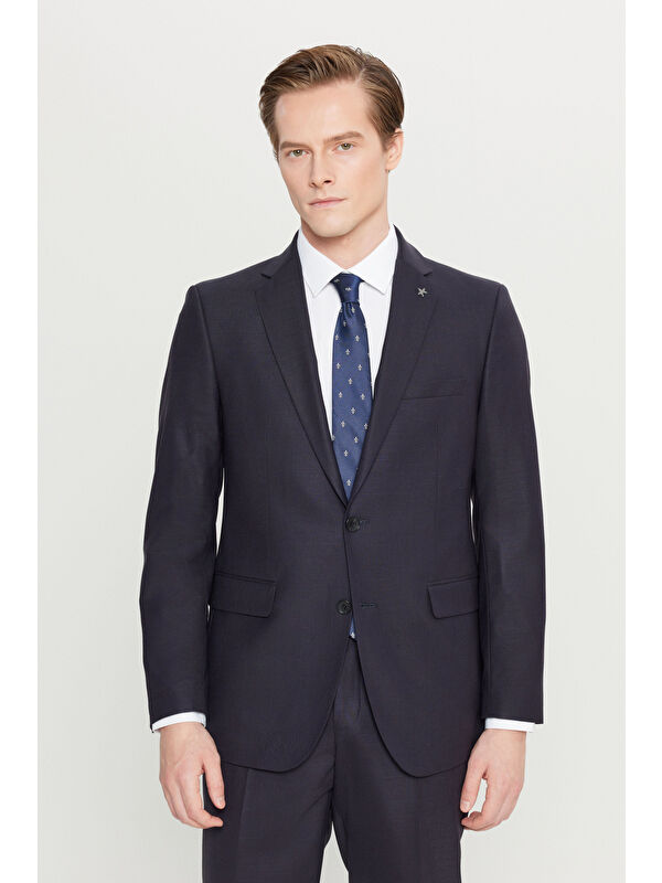 Altınyıldız Classics Erkek Lacivert Yünlü Slim Fit Dar Kesim Mono Yaka Kapak Cepli Takım Elbise
