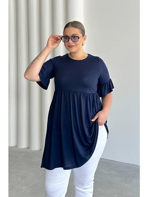 Stil Diva Büyük Beden Kol Detaylı Beli Lastikli Pileli Tunik T-shirt T42
