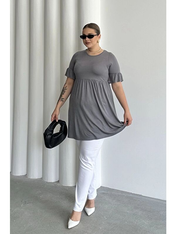 Stil Diva Büyük Beden Kol Detaylı Beli Lastikli Pileli Tunik T-shirt T43
