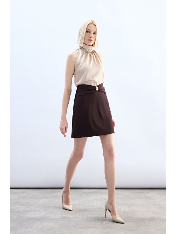 SATEEN Bel Aksesuarlı Mini Etek - Kahve