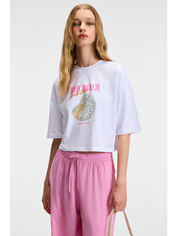 ETHIQUET ORELZA Kadın %100 Pamuk Baskılı Yuvarlak Yaka Oversize Fit BEYAZ T-Shirt