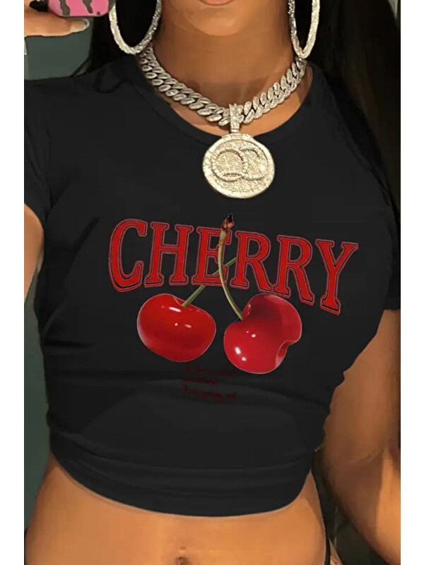 Tarz Cool Kadın Baskılı Crop Tişört - Cherry Desenli, Yazlık Kısa Kollu Bluz