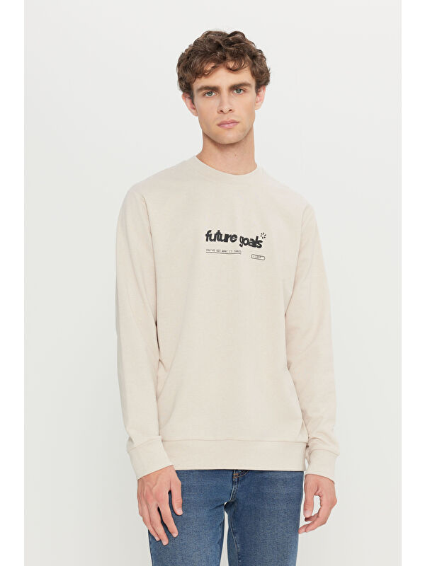 AC&Co / Altınyıldız Classics Erkek Bej 2 İplik Pamuklu Standart Fit Normal Kesim Bisiklet Yaka Sweatshirt