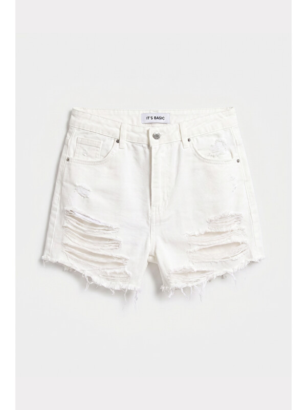 It's Basic Kadın Kırık Beyaz 15s6-101 Mini Boy Yüksek Bel Yırtık Detaylı Püsküllü %100 Pamuk Denim Şort