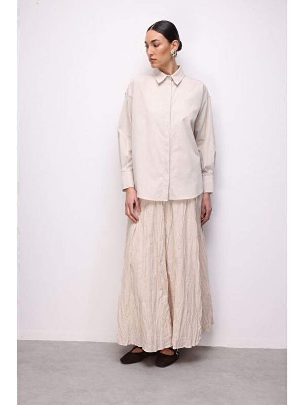 Mizalle Pamuklu Bej Rengi Oversize Gömlek