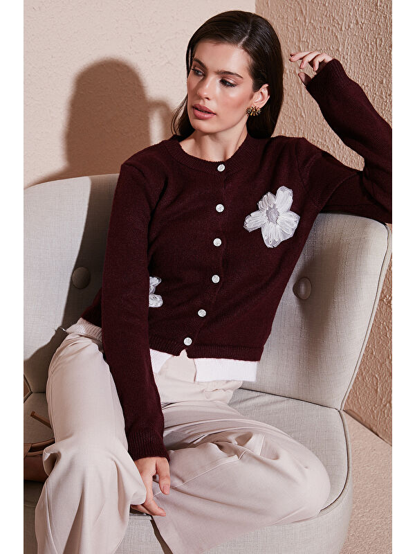 Lela Premium Tül Çiçek Detaylı Regular Fit Bisiklet Yaka Düğmeli Triko Hırka 680HI002421
