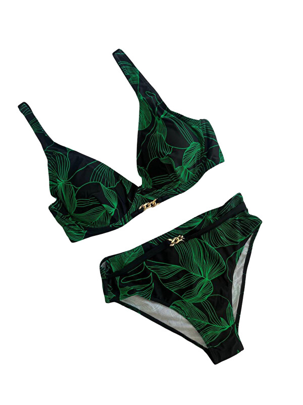 Hazelin Kadın Siyah Yeşil Aksesuar Detaylı Astarlı Bikini Takımı HZL25S-LC25147