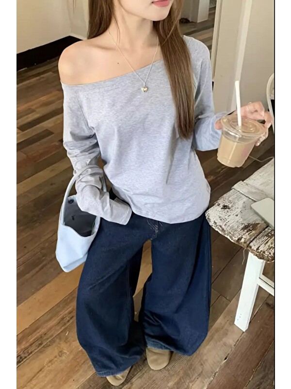 Tarz Cool Gri Kadın Düşük Omuz Kayık Yaka Oversize Uzun Kollu T-Shirt