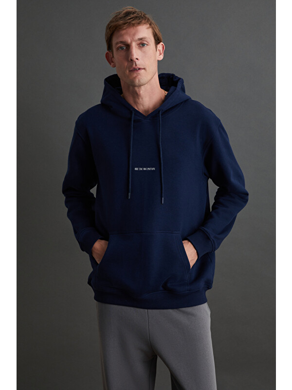 GRIMELANGE EPIC Erkek Organik Pamuklu Yumuşacık Nakış Detaylı Kapüşonlu Kordonlu Regular LACİVERT Sweatshirt