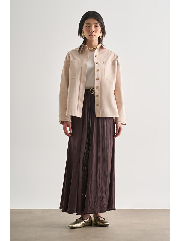 Mizalle Premium Saf Pamuk Oversize Bej Rengi Ceket Gömlek
