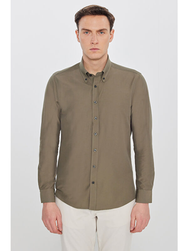 Altınyıldız Classics Erkek Haki Pamuklu Slim Fit Dar Kesim Gant Yaka Poplin Gömlek