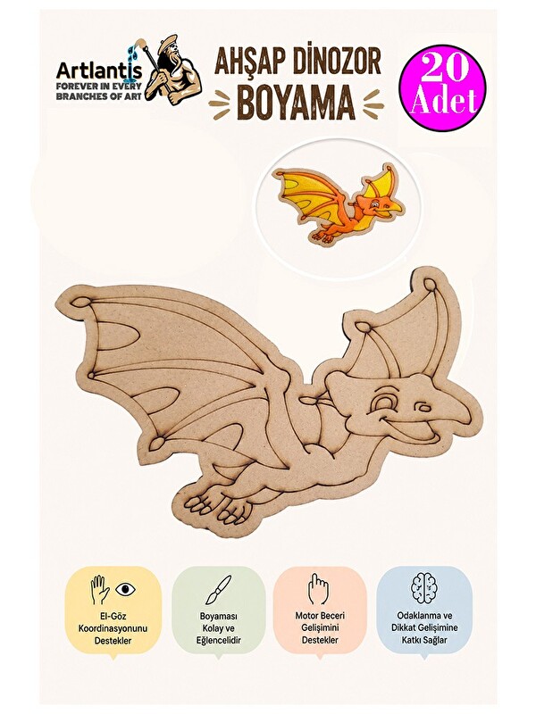 Artlantis Ahşap Boyama Dinozorlar 20 Adet 10x15 Dinozor Boyama Figürü Etkinlik Çocuk Gelişim Motor Beceri Anas