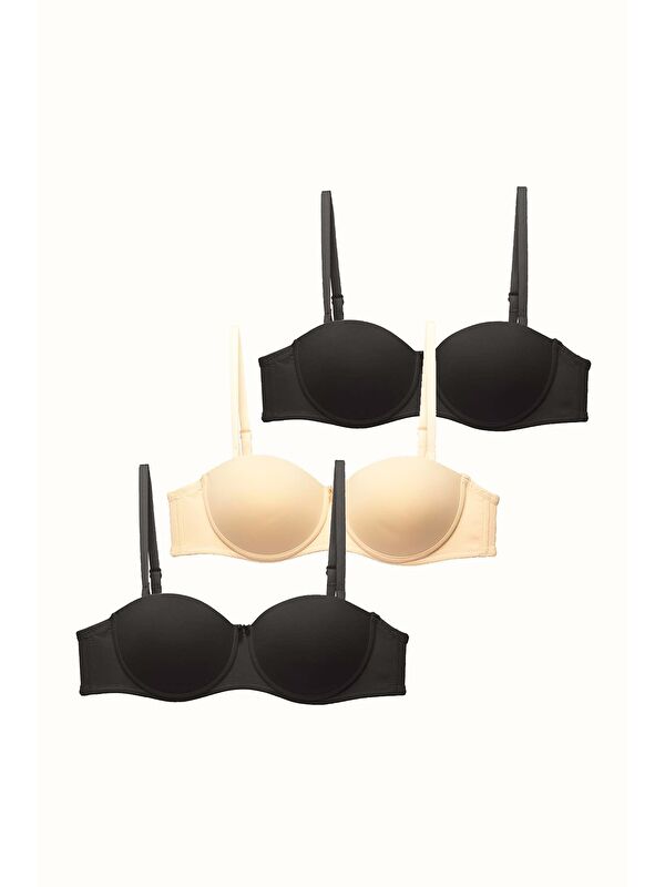C&City 3'Lü Paket Push Up Straplez Yumuşak Kaplı Örme Sütyen C37055 Siyah/Ten