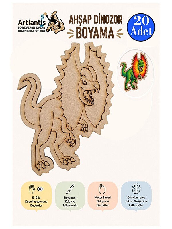 Artlantis Ahşap Boyama Dinozorlar 20 Adet 10x15 Dinozor Boyama Figürü Etkinlik Çocuk Gelişim Motor Beceri Anas