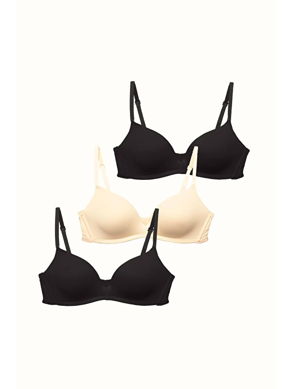 C&City 3'Lü Paket Dolgusuz Yumuşak Kaplı Örme Sütyen C31791 Siyah/Ten