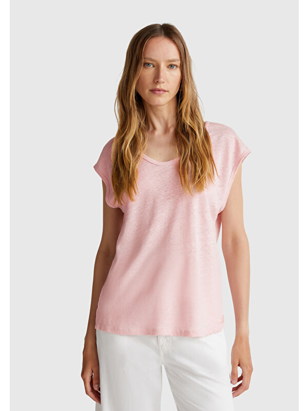 United Colors Of Benetton Kadın Pembe %100 Keten Yanları Yırtmaçlı Relax Fit Yuvarlak Yaka T-Shirt