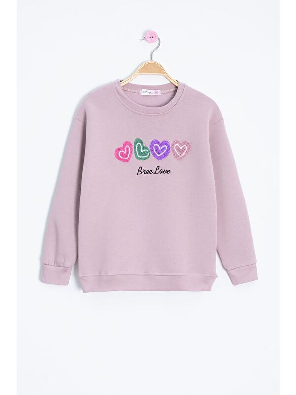 Cansın Mini Somon Kalp Nakışlı Bisiklet Yaka Kız Çocuk Şardonlu Sweatshirt 23253