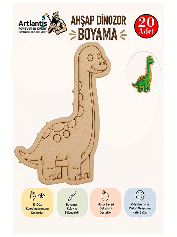 Artlantis Ahşap Boyama Dinozorlar 20 Adet 10x15 Dinozor Boyama Figürü Etkinlik Çocuk Gelişim Motor Beceri Anas