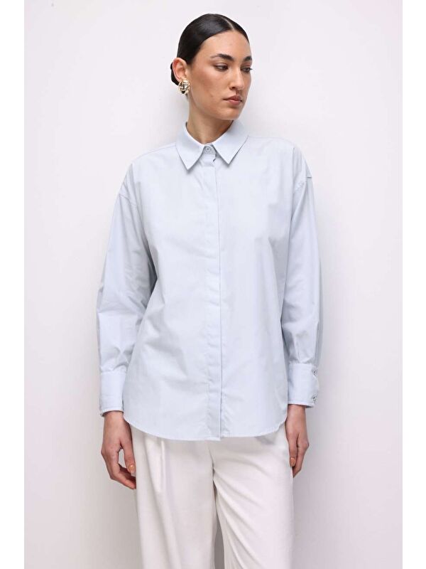 Mizalle Pamuklu Mavi Oversize Gömlek