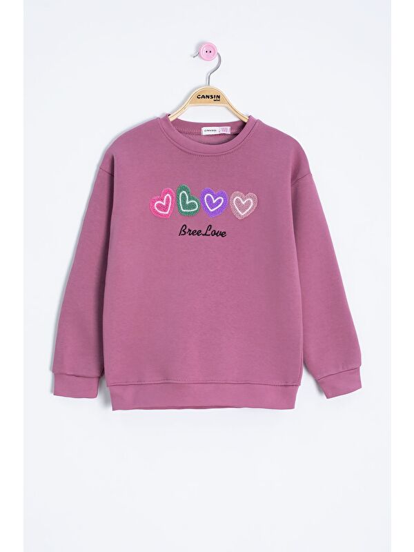 Cansın Mini Gül Kurusu Kalp Nakışlı Bisiklet Yaka Kız Çocuk Şardonlu Sweatshirt 23254
