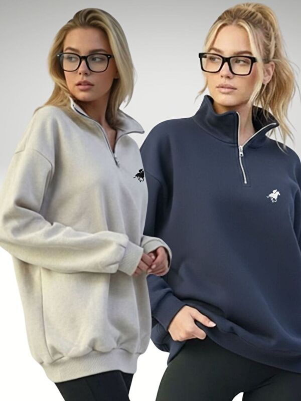 Trendseninle Kadın Laci+Bej Horse Baskılı Yarım Fermuarlı Oversize 2 İplik Sweatshirt