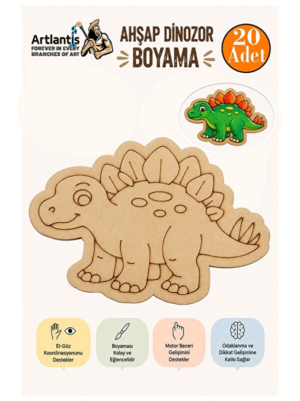 Artlantis Ahşap Boyama Dinozorlar 20 Adet 10x15 Dinozor Boyama Figürü Etkinlik Çocuk Gelişim Motor Beceri Anas