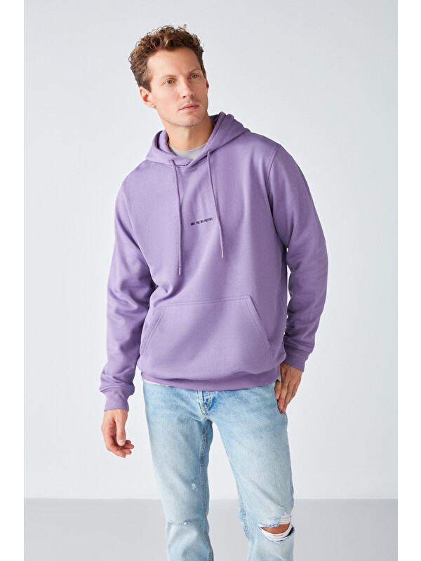 GRIMELANGE EPIC Erkek Organik Pamuklu Yumuşacık Nakış Detaylı Kapüşonlu Kordonlu Regular MOR Sweatshirt