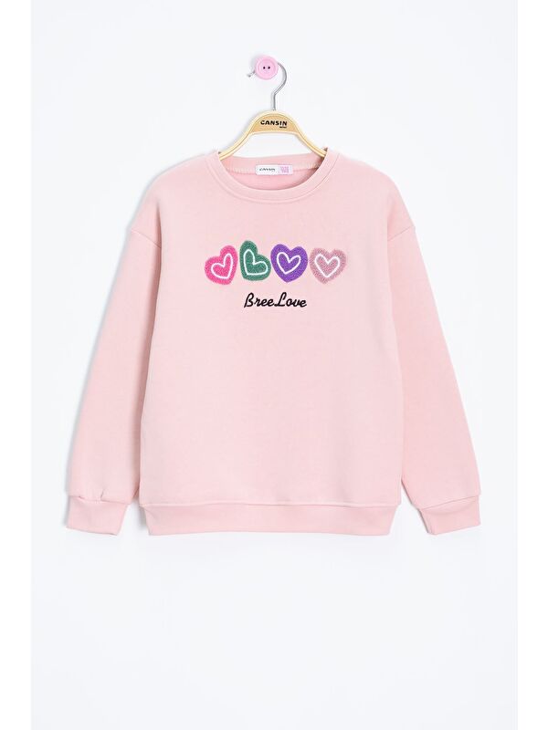 Cansın Mini Pembe Kalp Nakışlı Bisiklet Yaka Kız Çocuk Şardonlu Sweatshirt 23251