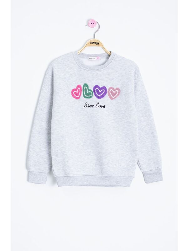 Cansın Mini Gri Kalp Nakışlı Bisiklet Yaka Kız Çocuk Şardonlu Sweatshirt 23252