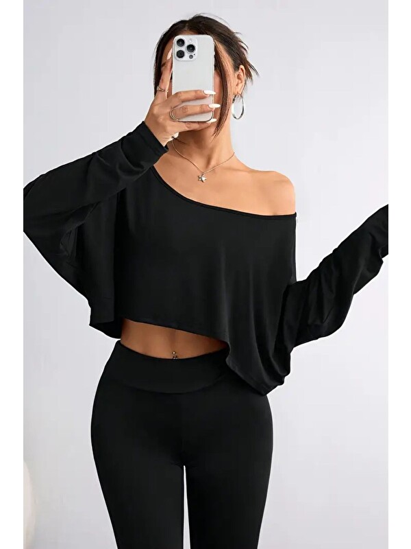 Tarz Cool Siyah Kadın Düşük Omuz Kayık Yaka Oversize Uzun Kollu Crop T-Shirt