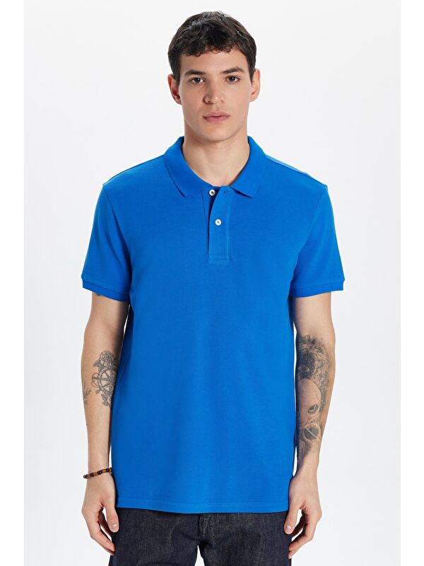 TUDORS Erkek Slim Fit Dar Kesim %100 Pamuk Saks Mavi Polo Yaka Tişört
