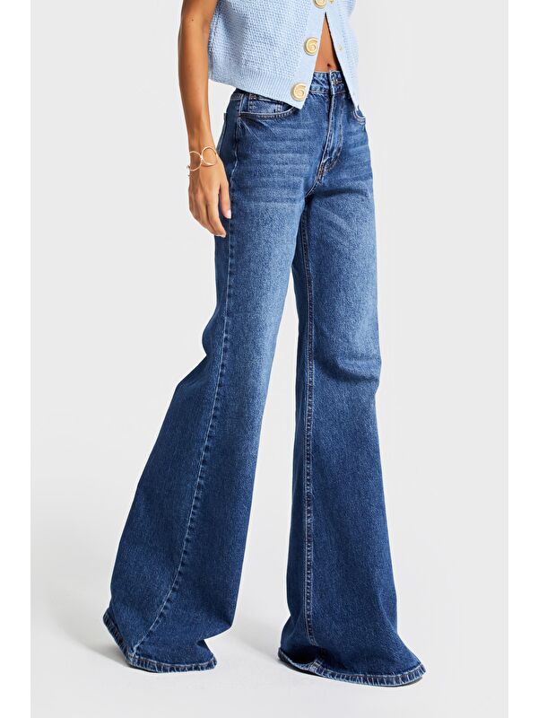 It's Basic Kadın Koyu Mavi Renk 2w5-5 Flare Fit Komfort Kumaş İç Boy 83cm Denim Jean