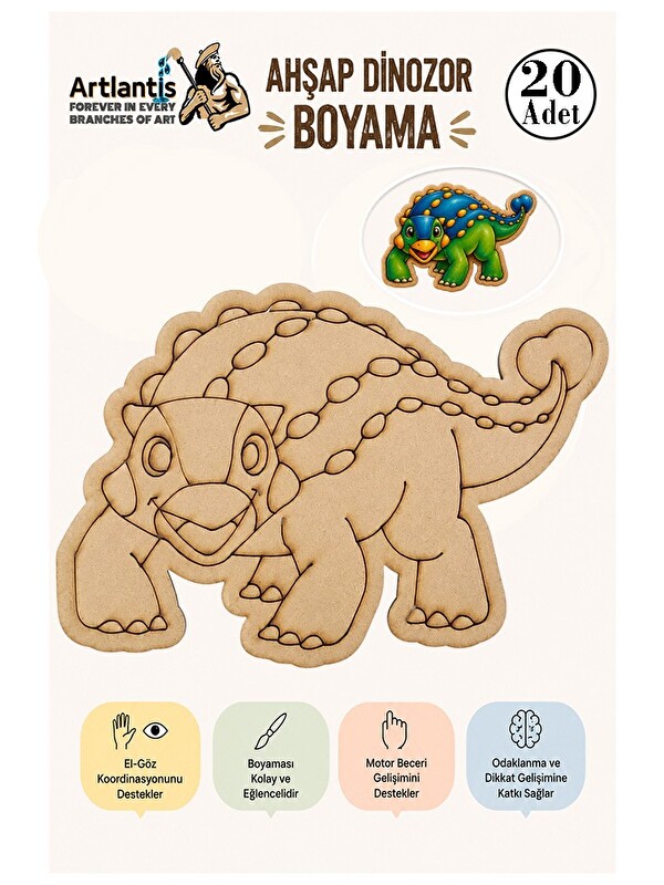 Artlantis Ahşap Boyama Dinozorlar 20 Adet 10x15 Dinozor Boyama Figürü Etkinlik Çocuk Gelişim Motor Beceri Anas
