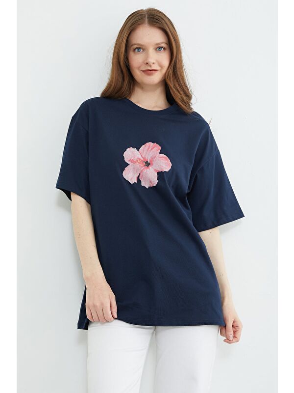 Fullamoda Hibiscus Çiçeği Baskılı Oversize Tişört