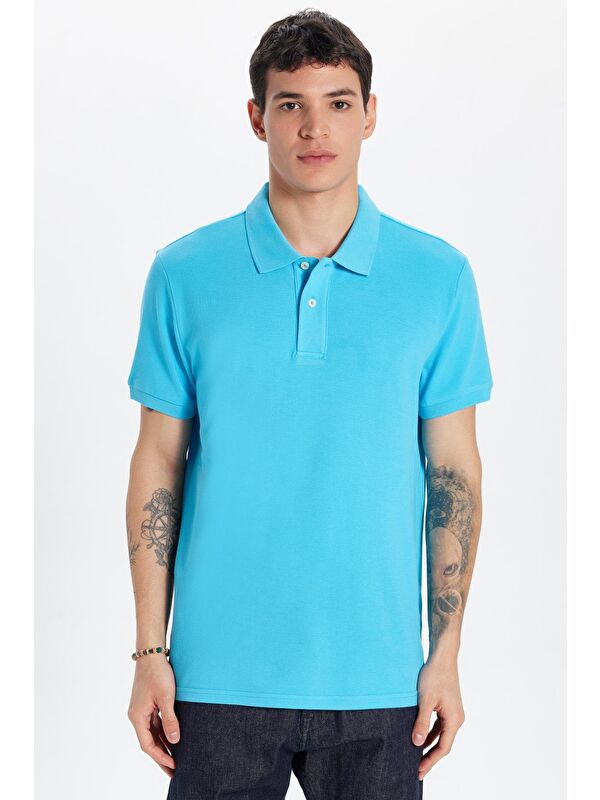 TUDORS Erkek Slim Fit Dar Kesim %100 Pamuk Mavi Polo Yaka Tişört