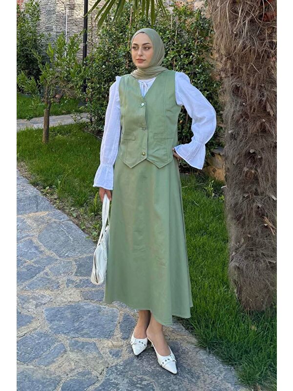 Lamelif Gabardin Yelek-Etek İkili Tesettür Takım Çağla Yeşili