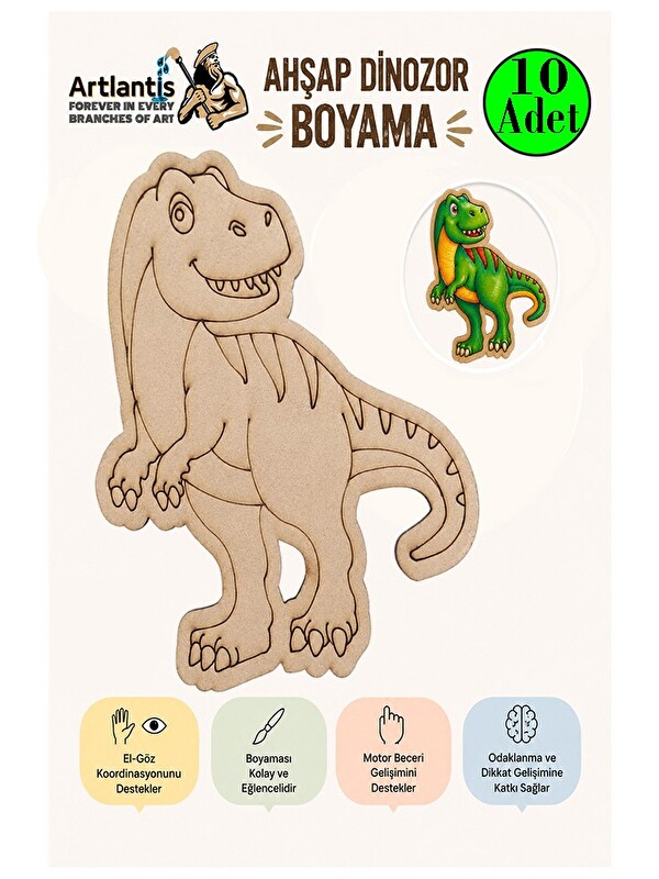 Artlantis Ahşap Boyama Dinozorlar 10 Adet 10x15 Dinozor Boyama Figürü Etkinlik Çocuk Gelişim Motor Beceri Anas