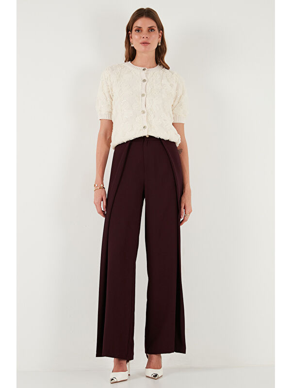 Lela Düğmeli Pile Detaylı Wide Leg Yüksek Bel Geniş Paça Pantolon 68351133