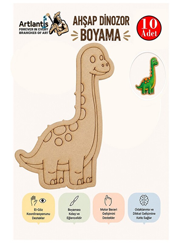 Artlantis Ahşap Boyama Dinozorlar 10 Adet 10x15 Dinozor Boyama Figürü Etkinlik Çocuk Gelişim Motor Beceri Anas