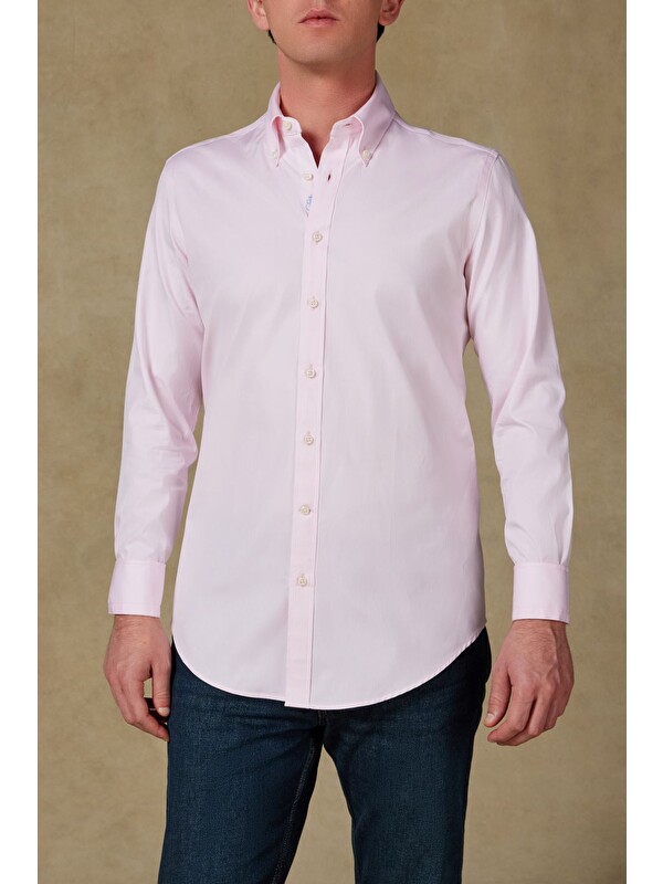 ABBATE Carlo Royal Oxford Pamuklu Slim Fit Pembe Düğmeli Yaka Erkek Düz Gömlek