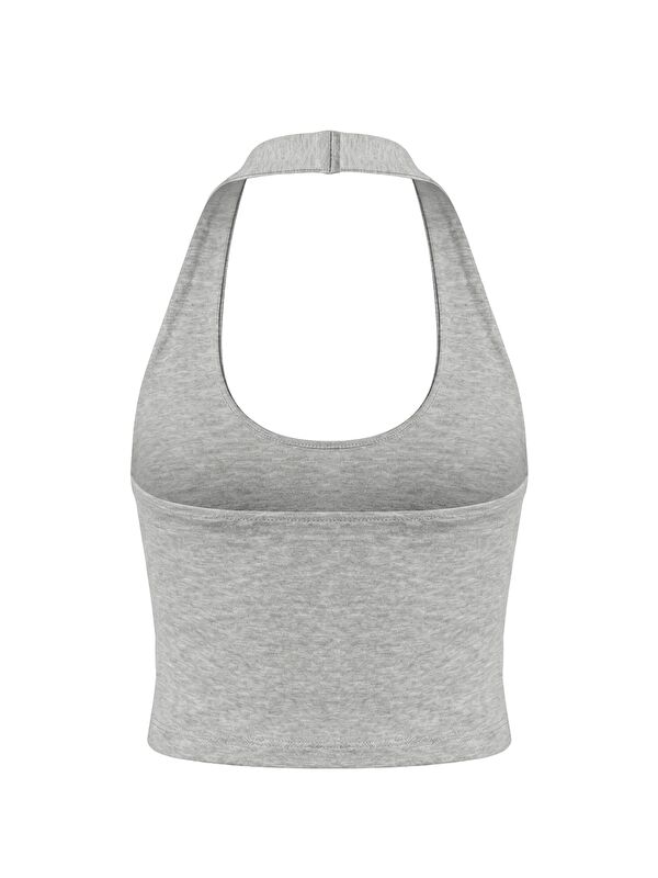 Cottonhill Gri Melanj Viskon Halter Yaka Sırt Dekolteli Kadın Crop Atlet