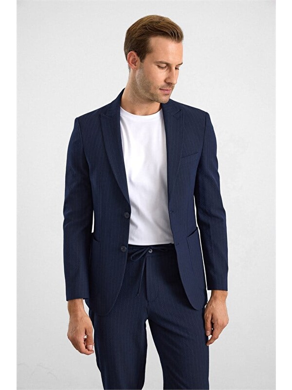 Süvari Lacivert Slim Mono Yaka Düz Torba Cep 6 Drop Takım Elbise