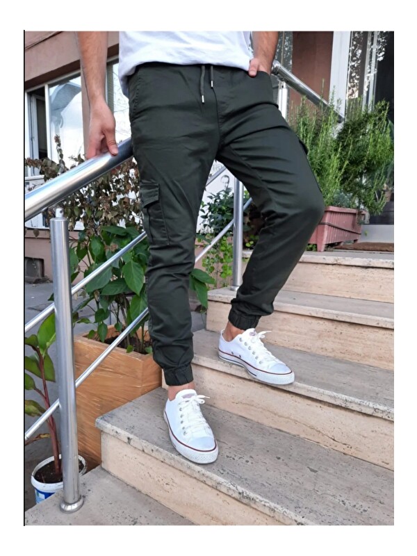 Tarz Cool Slim Fit None Denim Yandan Cepli Bel Bağcıklı, Paçaları Lastikli Erkek Kargo Pantolon