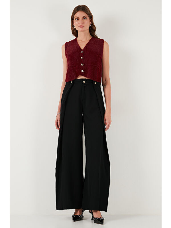Lela Düğmeli Pile Detaylı Wide Leg Yüksek Bel Geniş Paça Pantolon 68351133