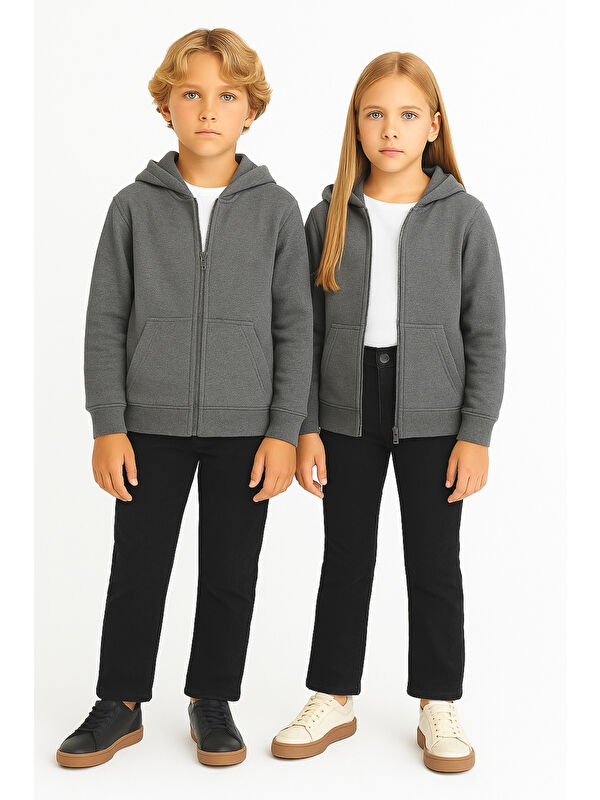 Ahengim Kız - Erkek Çocuk Basic Fermuarlı Kalın 3 İplik Kışlık Okul Sweat Ak1815