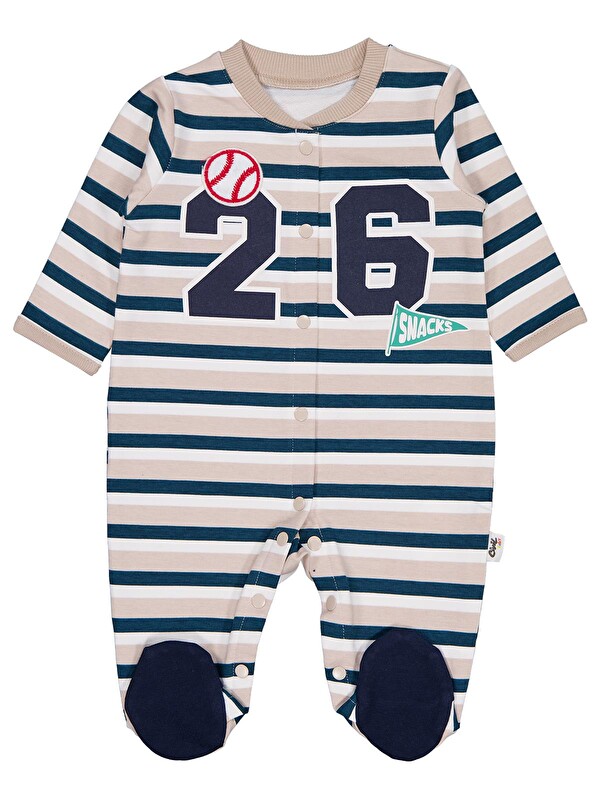Civil Baby Çizgili 26 Baskılı Şapkalı 1-9 Ay Tulum - Bej 6-9 Ay