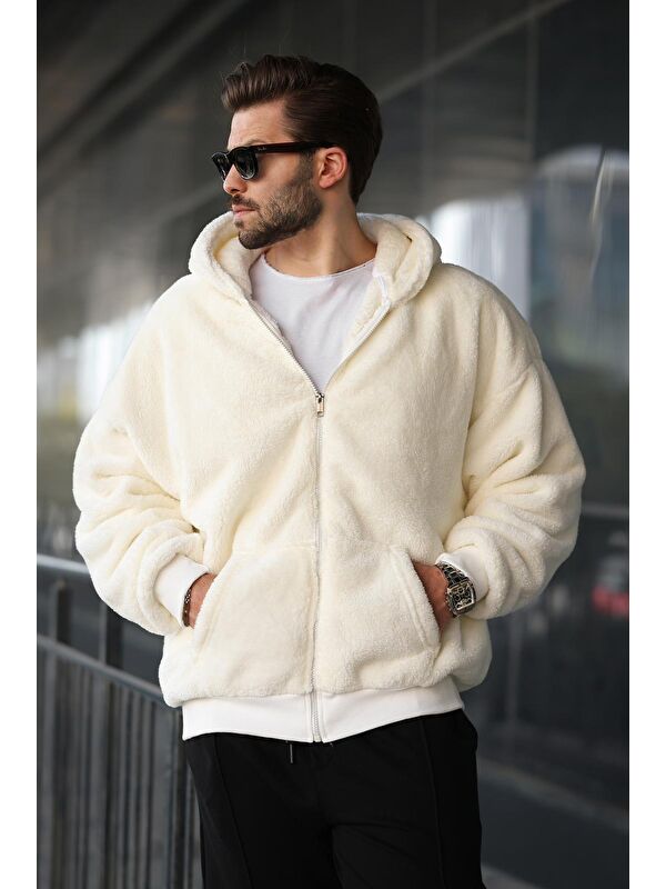 Madmext Ekru Pelüş Over Fit Kapüşonlu  Erkek Fermuarlı Sweatshirt Hırka 6049