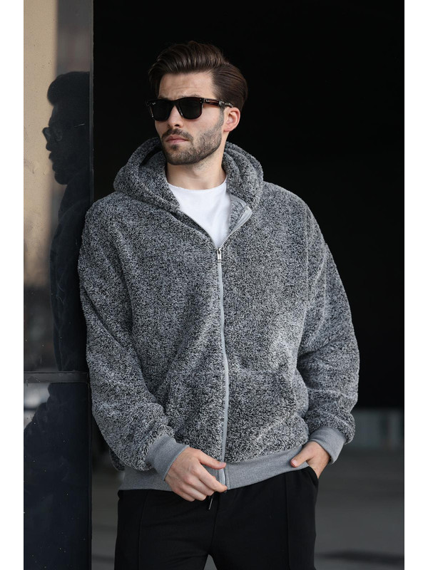 Madmext Gri Pelüş Over Fit Kapüşonlu  Erkek Fermuarlı Sweatshirt Hırka 6049