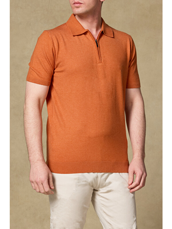 ABBATE Mono Triko Örme Kaşmir Karışımlı Modern Fit Turuncu Polo Yaka Erkek Düz Polo Shirt