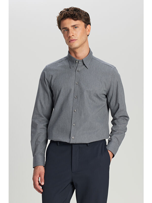 Altınyıldız Classics Erkek Gri %100 Pamuk Flanel Slim Fit Dar Kesim Gizli Düğmeli Yaka Desenli Gömlek